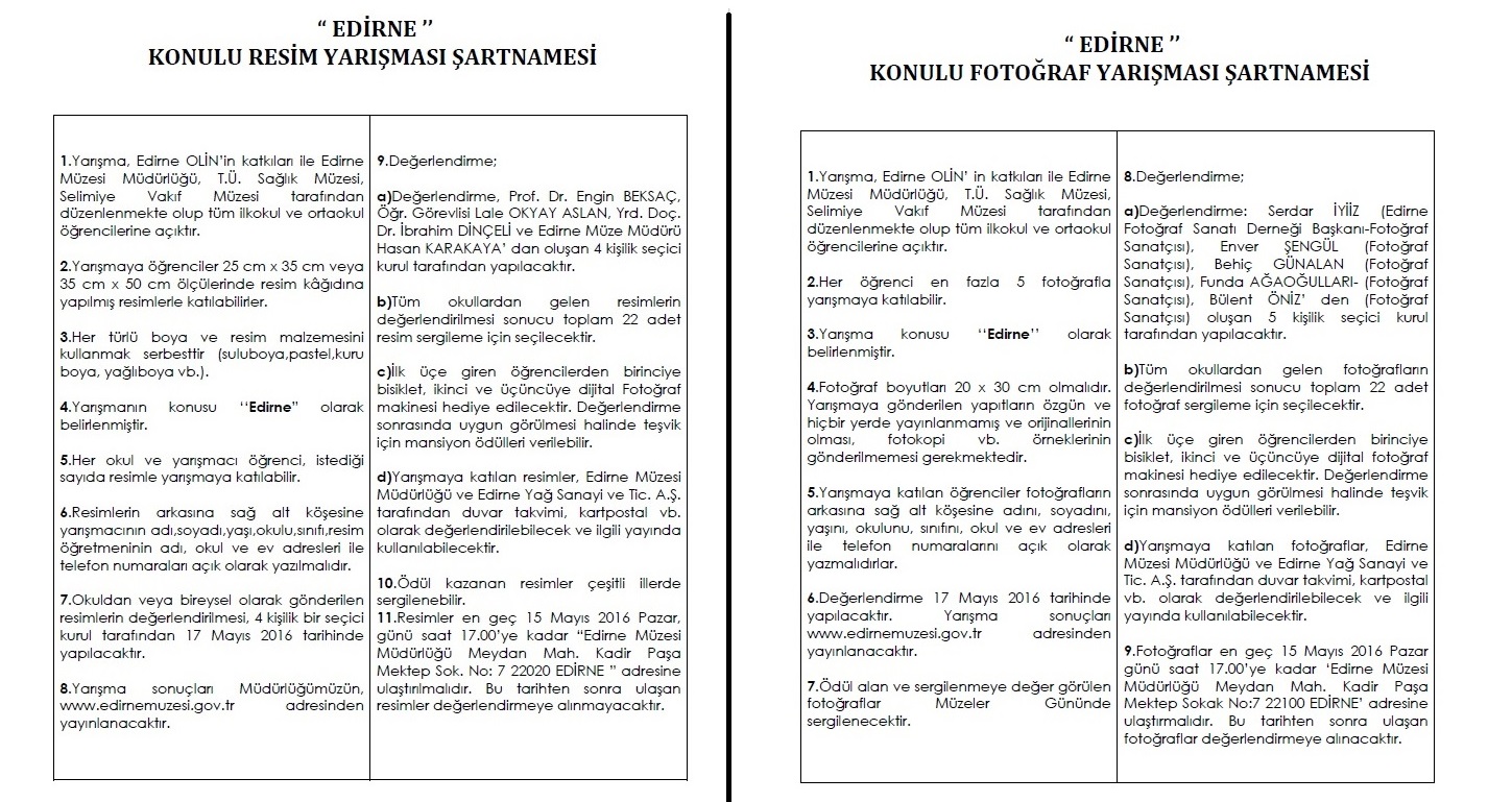 Müzeciliğin tanıtılması amacıyla Edirne konulu resim ve fotoğraf Yarışması